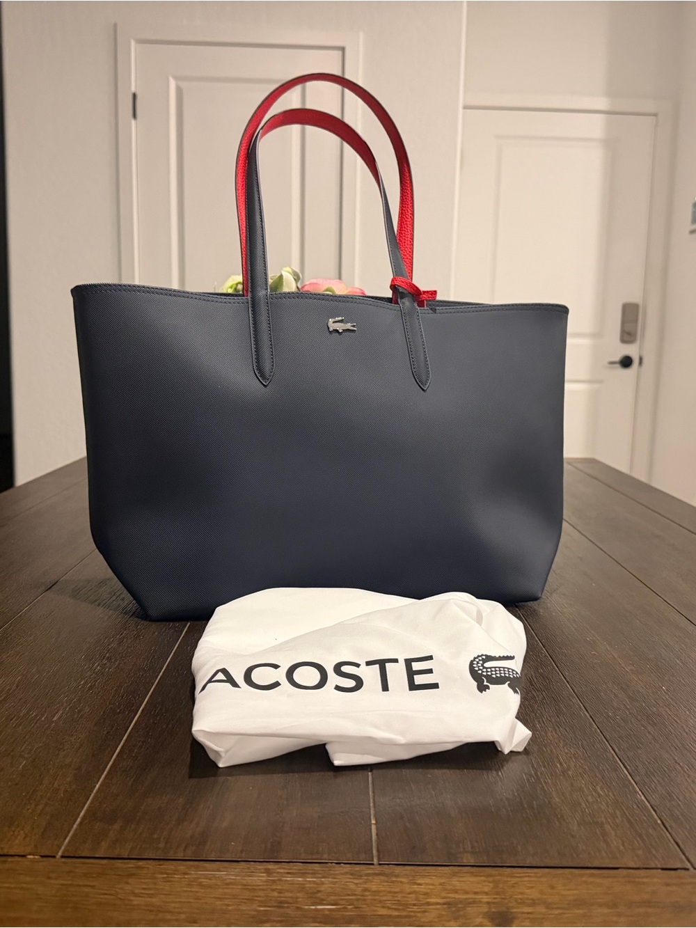 Lacoste Navy Tote with Red Handles